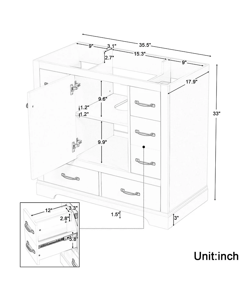 Sillysis 36 Inch Modern Bathroom Vanity Base without Sink, Solid Wood and Mdf Cabinet, 6 Drawers Adjustable Shelf, Freestanding Storage.