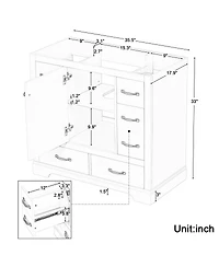 Sillysis 36 Inch Modern Bathroom Vanity Base without Sink, Solid Wood and Mdf Cabinet, 6 Drawers Adjustable Shelf, Freestanding Storage.