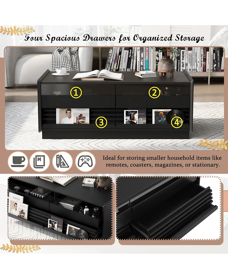 Rainsken Modern Rectangle Coffee Table, 47.2" Wood Center Table with 4 Drawers and 2 Display Shelves, Fluted Design for Living Room