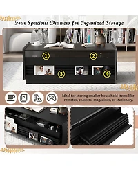 Rainsken Modern Rectangle Coffee Table, 47.2" Wood Center Table with 4 Drawers and 2 Display Shelves, Fluted Design for Living Room