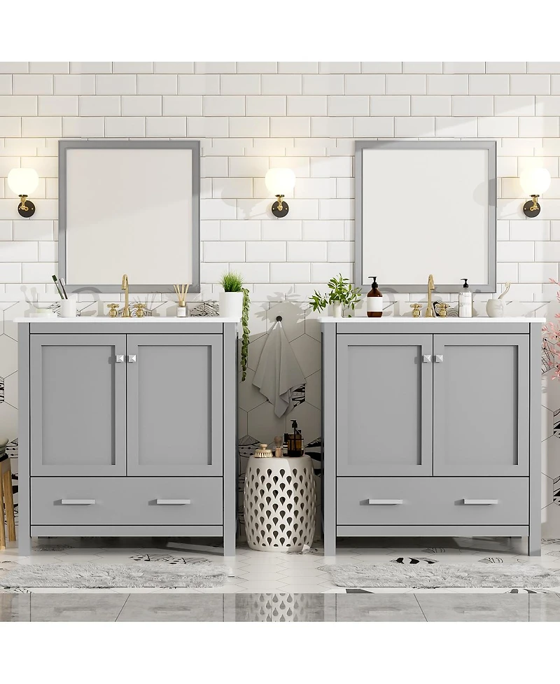 Sillysis 60 Inch Double Bathroom Vanity Set, Freestanding Solid Wood Cabinet with Ceramic Sinks and Soft Close Doors, Modern Storage.