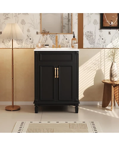 Sillysis 24 Inch Freestanding Bathroom Vanity with Ceramic Sink, Soft Close Storage, Solid Wood Cabinet for Small Spaces.