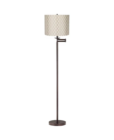 Regency Hill Swing Arm Floor Lamp 60.5" Tall Bronze Embroidered Hourglass Off White Fabric Drum Shade for Living Room Reading Bedroom