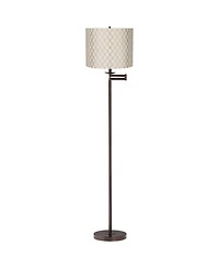 Regency Hill Swing Arm Floor Lamp 60.5" Tall Bronze Embroidered Hourglass Off White Fabric Drum Shade for Living Room Reading Bedroom