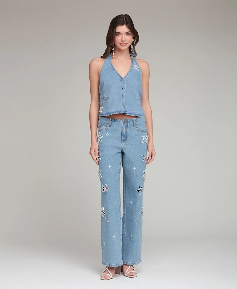 Avec Les Filles Women's Mid-Rise Floral Cutout Jeans