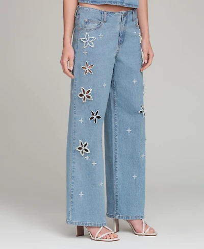 Avec Les Filles Women's Mid-Rise Floral Cutout Jeans