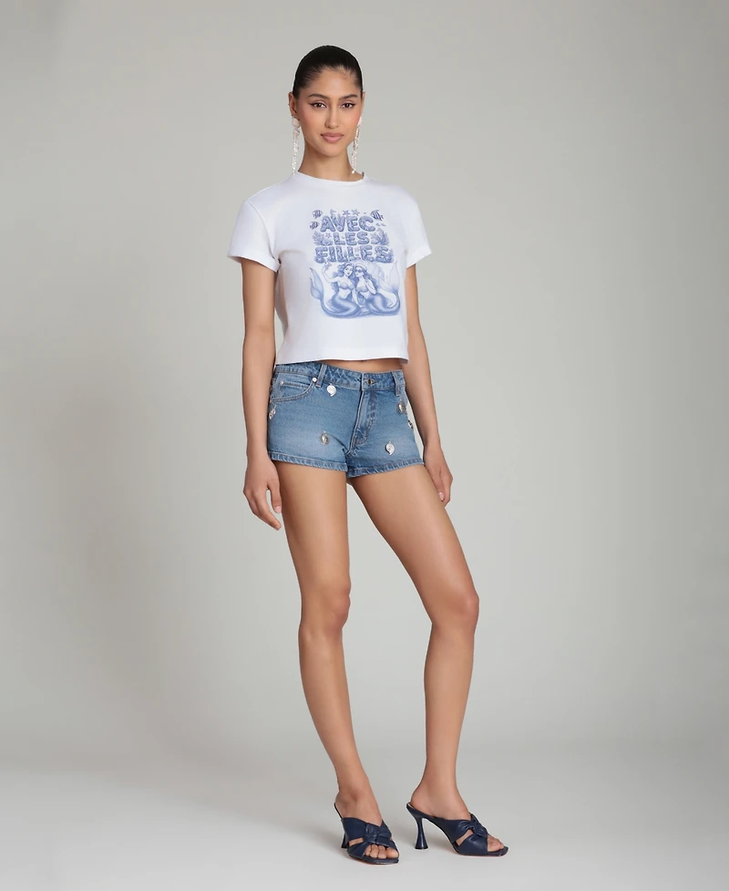 Avec Les Filles Women's Mid-Rise Charm Detail Front-Fly Denim Shorts