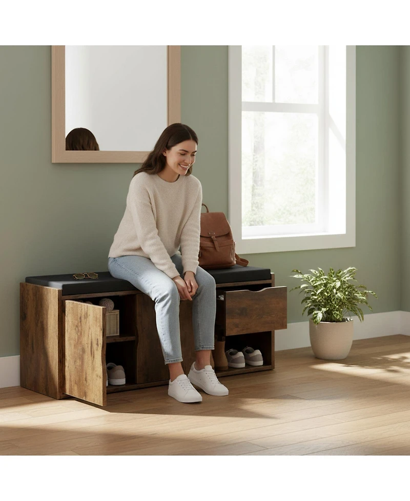 Yigii Entryway Storage Bench with 2 Drawers 2-Tier Shoe Rack Padded Seat Adjustable Shelf Industrial Wood