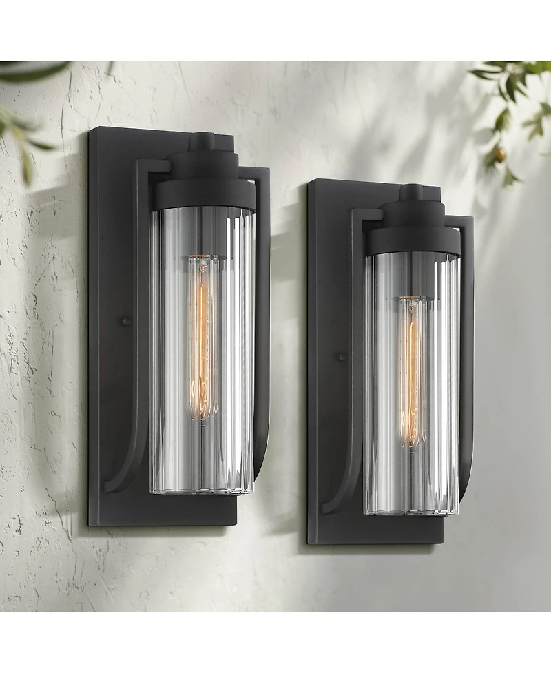 Possini Euro Design Bogota Modern Outdoor Wall Light Fixtures Set of 2 Textured 15 1/2" Clear Ribbed Glass for Post Exterior Barn