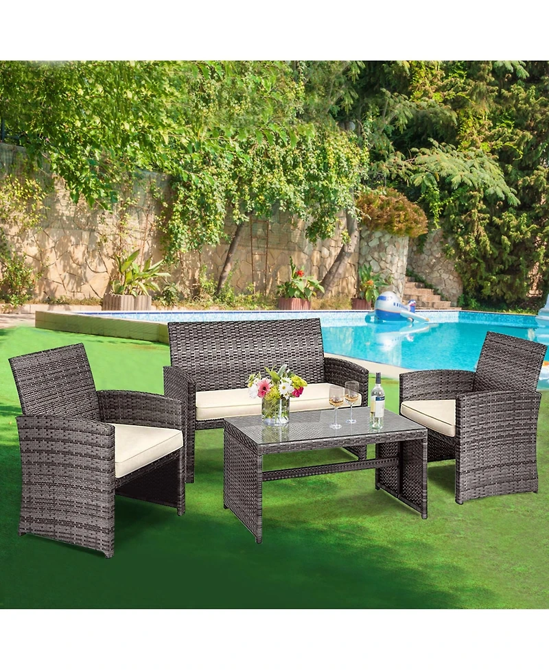 Gymax 4PCS Patio Outdoor Rattan Conversation Furniture Set w/ Navy Cushion