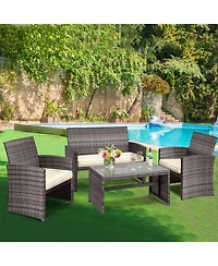 Gymax 4PCS Patio Outdoor Rattan Conversation Furniture Set w/ Navy Cushion