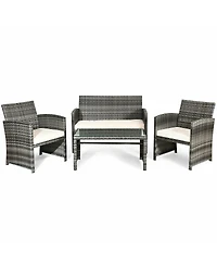Gymax 4PCS Patio Outdoor Rattan Conversation Furniture Set w/ Navy Cushion
