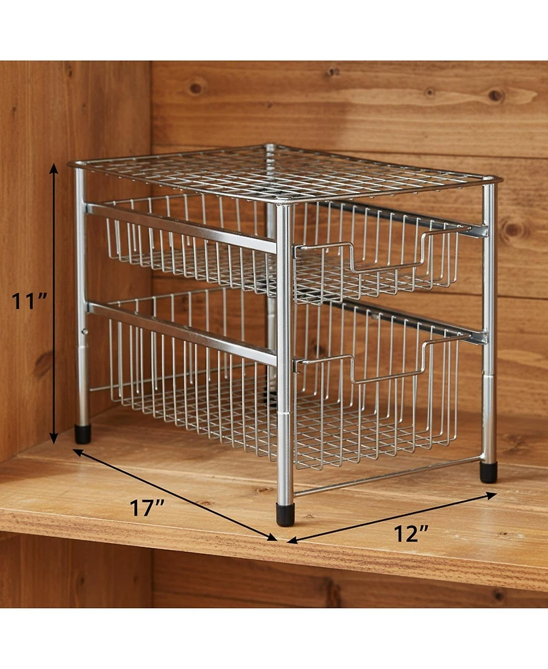 Yigii Free Standing Pull Out Cabinet Organizer Double Sliding Wire Baskets Top Shelf Stackable Metal Storage