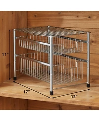 Yigii Free Standing Pull Out Cabinet Organizer Double Sliding Wire Baskets Top Shelf Stackable Metal Storage