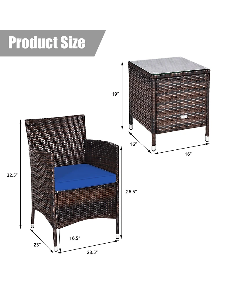 Gymax 3PCS Patio Rattan Chair & Table Furniture Set Outdoor w/ Beige Cushion