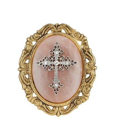 Symbols of Faith 14K Gold Dipped Rose Quartz Oval Brooch