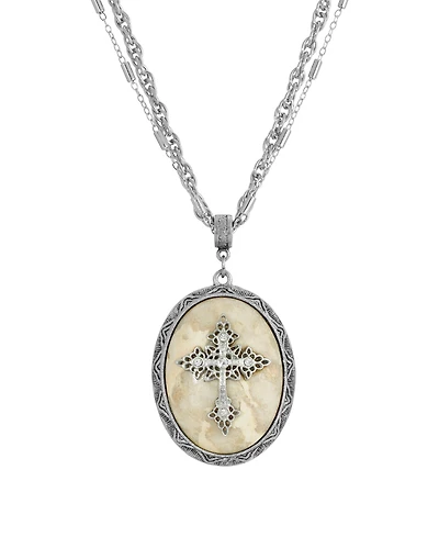 Symbols of Faith Pewter Cross Oval Rose Quartz Necklace