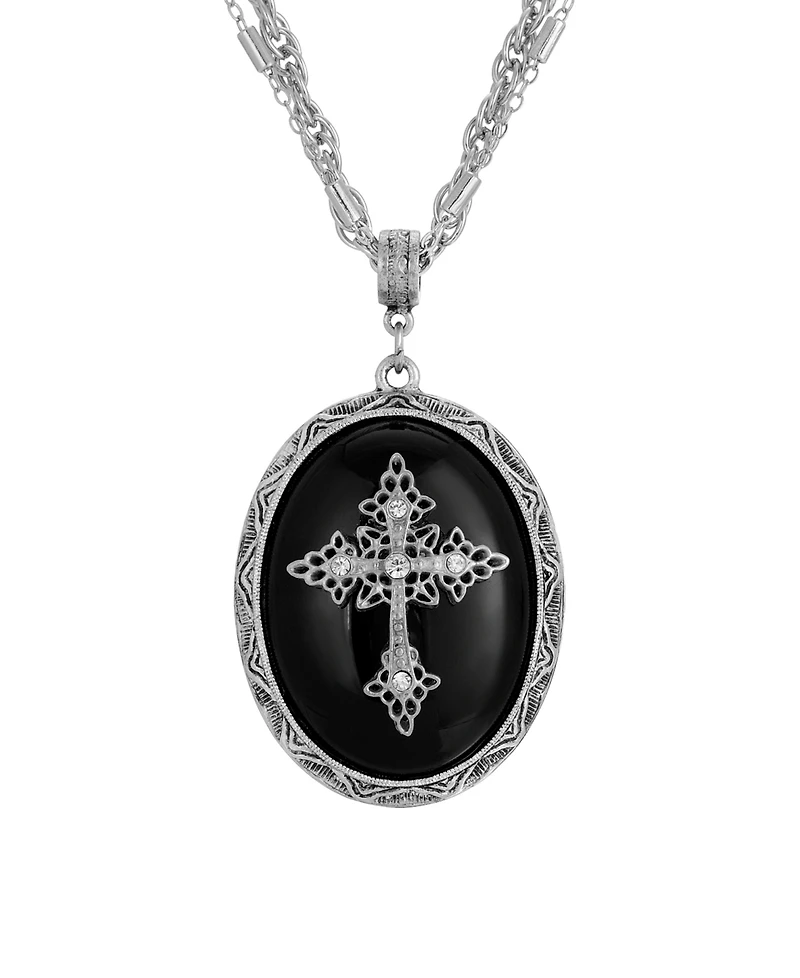Symbols of Faith Pewter Cross Oval Onyx 18" Necklace