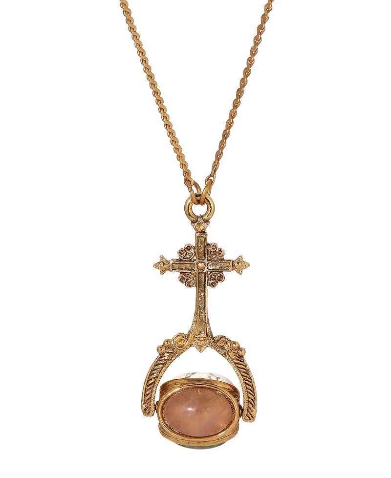 Symbols of Faith 14K Gold Dipped Cross Spinner Three Color Semi Precious Stones 30" Necklace