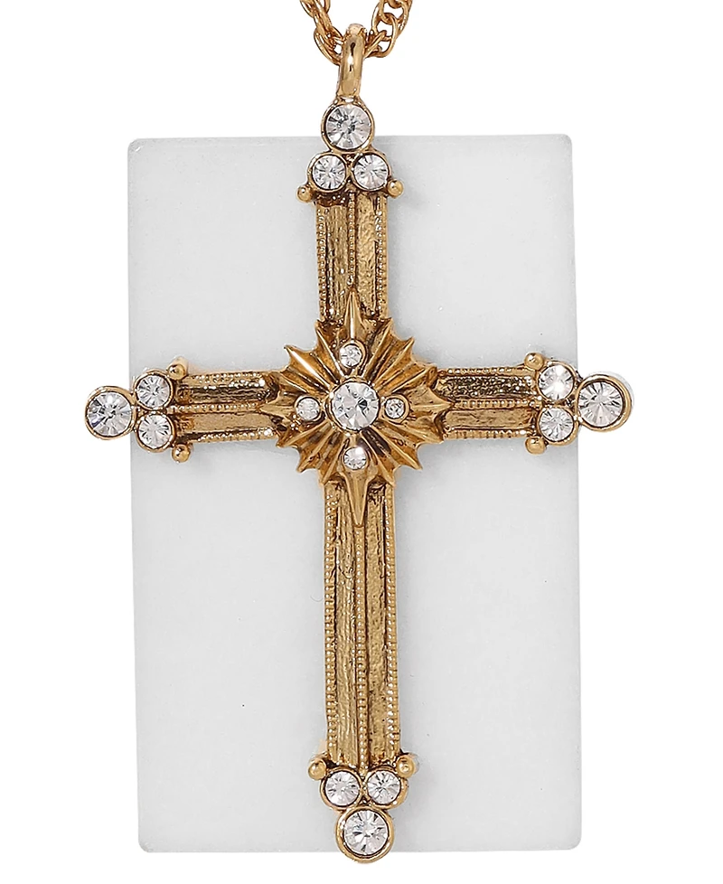Symbols of Faith 14K Gold Dipped White Real Quartz Stone Crystal Cross 28" Necklace