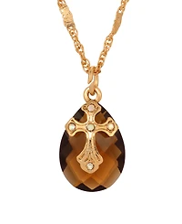 Symbols of Faith 14k Gold Dipped Smoke Topaz Oval Glass Drop Crystal Cross 16"+3" Necklace