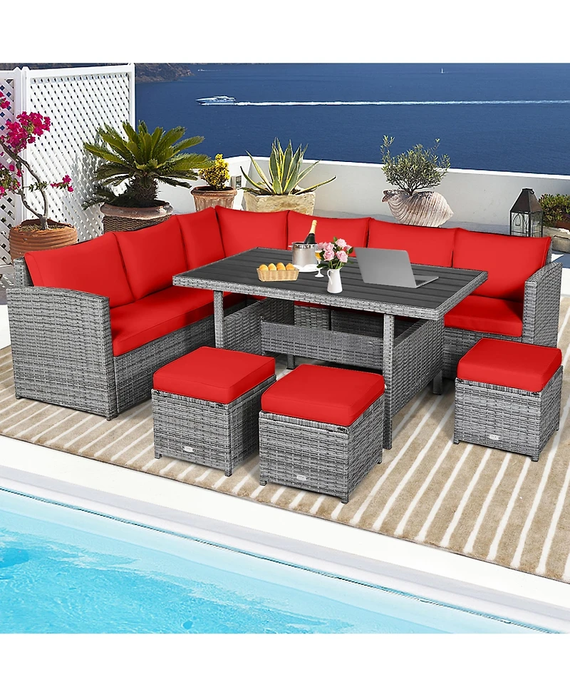 Gymax 7PCS Rattan Patio Sectional Sofa Set Conversation Set Cushions