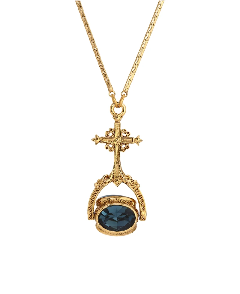 Symbols of Faith 14K Gold Dipped Cross Multi Hue Blue Stones Spinner Necklace