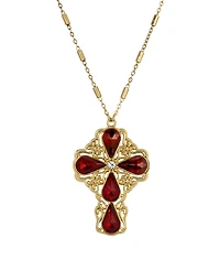 Symbols of Faith Gold-Tone Garnet Teardrop Crystal Pendant Cross 28" Necklace