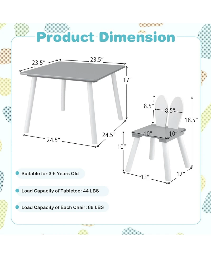 Gymax 3 Pieces Kids Table and Chairs Set Children Wooden Furniture Set w/ Solid Wood Legs