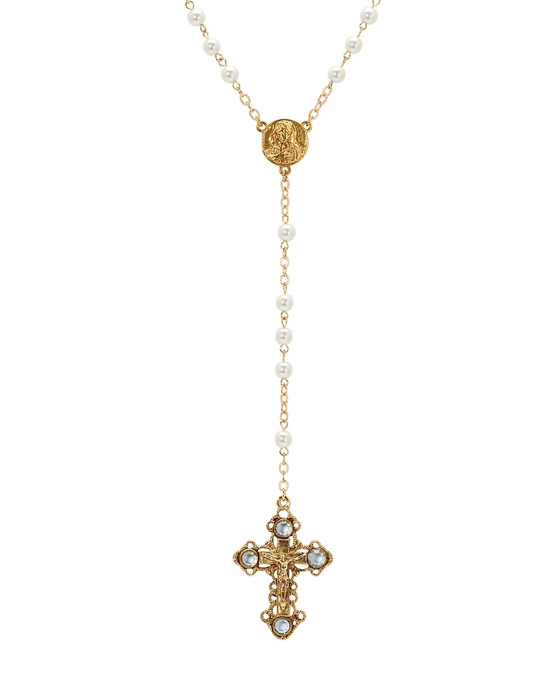 Symbols of Faith Gold-Tone Crucifix Sapphire Stones Imitation Pearl Beaded Chain Rosary