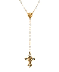 Symbols of Faith Gold-Tone Crucifix Sapphire Stones Imitation Pearl Beaded Chain Rosary