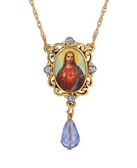 Symbols of Faith Gold-Tone Oval Decal Jesus Pendant Blue Bead 18" Necklace