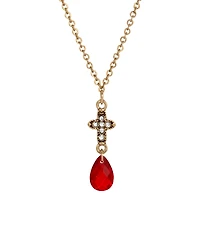 Symbols of Faith Gold-Tone Cross Clear Crystals Red Briolette Drop 16" Necklace