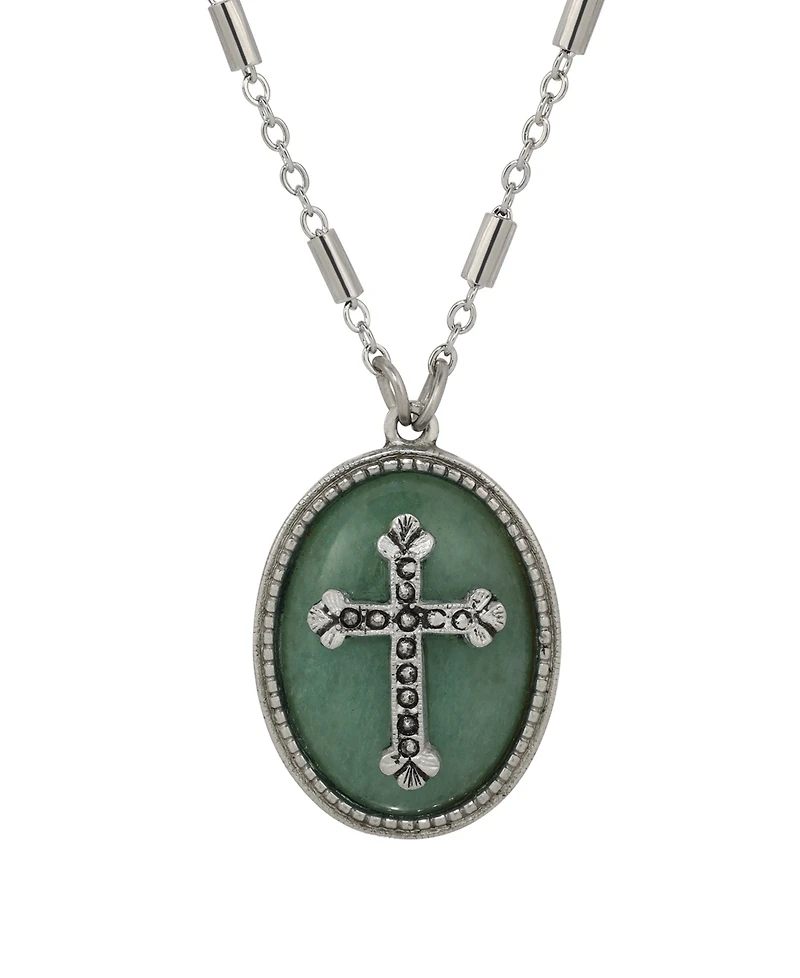 Symbols of Faith Silver-Tone Oval Adventurine Stone Pewter Cross 18" Necklace