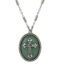Symbols of Faith Silver-Tone Oval Adventurine Stone Pewter Cross 18" Necklace