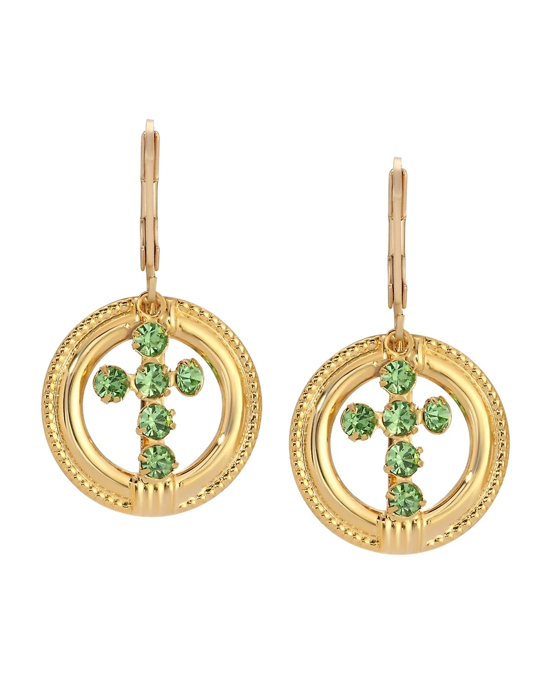 Symbols of Faith 14K Gold Dipped Green Peridot Crystal Cross Leverback Earrings