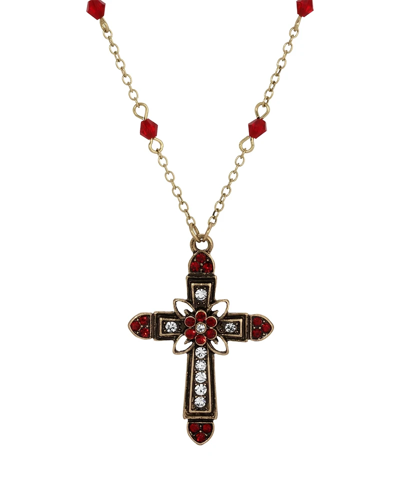 Symbols of Faith Gold-Tone Cross Center Flower Clear Crystals Siam Bead Chain 16"+3" Necklace