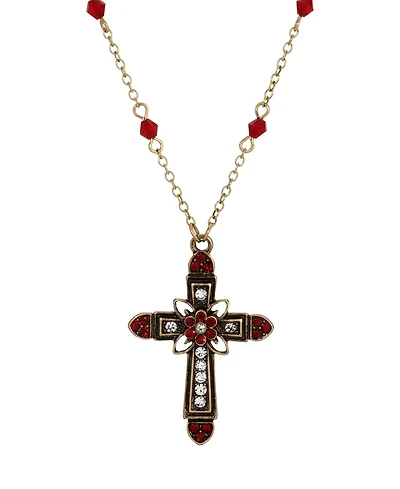 Symbols of Faith Gold-Tone Cross Center Flower Clear Crystals Siam Bead Chain 16"+3" Necklace