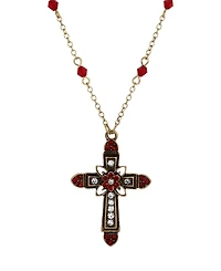 Symbols of Faith Gold-Tone Cross Center Flower Clear Crystals Siam Bead Chain 16"+3" Necklace