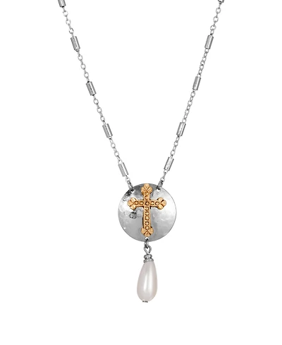 Symbols of Faith Silver Shield and Cross Pearl Drop 16" + 3" Necklace