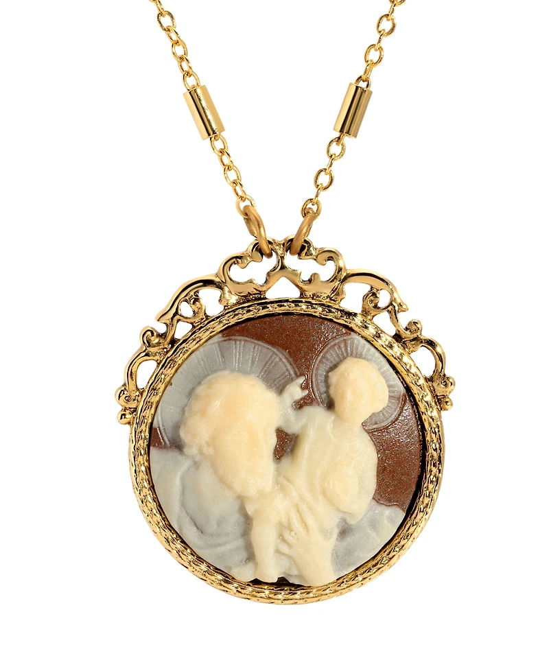 Symbols of Faith Gold-Tone Round Brown Ivory Christopher Child Cameo 26" Necklace