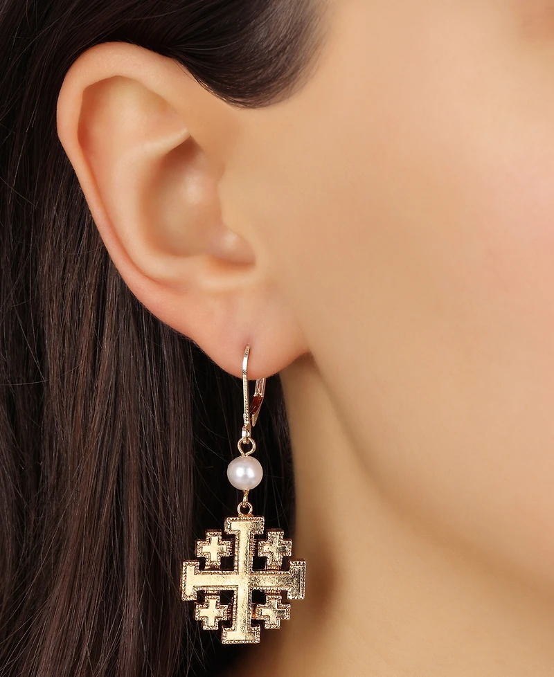 Symbols of Faith Gold Tone Faux Pearl Bead Jerusalem Cross Leverback Earrings