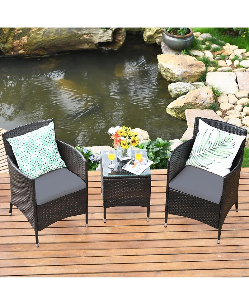 Gymax 3PCS Patio Rattan Chair & Table Furniture Set Outdoor w/ Beige Cushion
