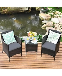 Gymax 3PCS Patio Rattan Chair & Table Furniture Set Outdoor w/ Beige Cushion