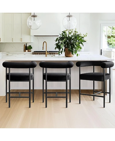 Maison Boucle 24" Velvet Counter Height Stools with Arms, Metal Legs, Set of 3
