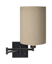Franklin Iron Works Modern Swing Arm Wall Lamp Plug-In Light Fixture Tan Cylinder Shade for Bedroom Bedside Living Room