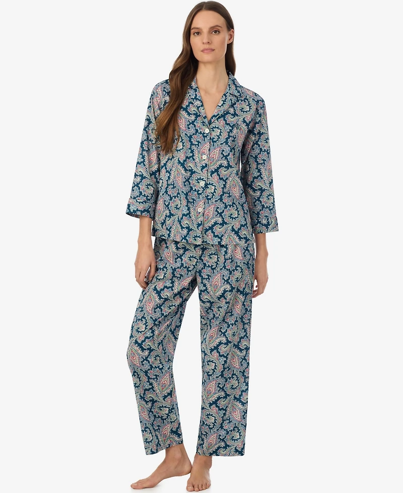 Lauren Ralph Petite Notch Collar Printed Top and Mid Rise Pajama Pants, 2-Piece Set