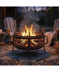 Outdoor Camping or Backyard Steel Northwoods Fishing Fire Pit with Spark Screen - 30" - Bronze