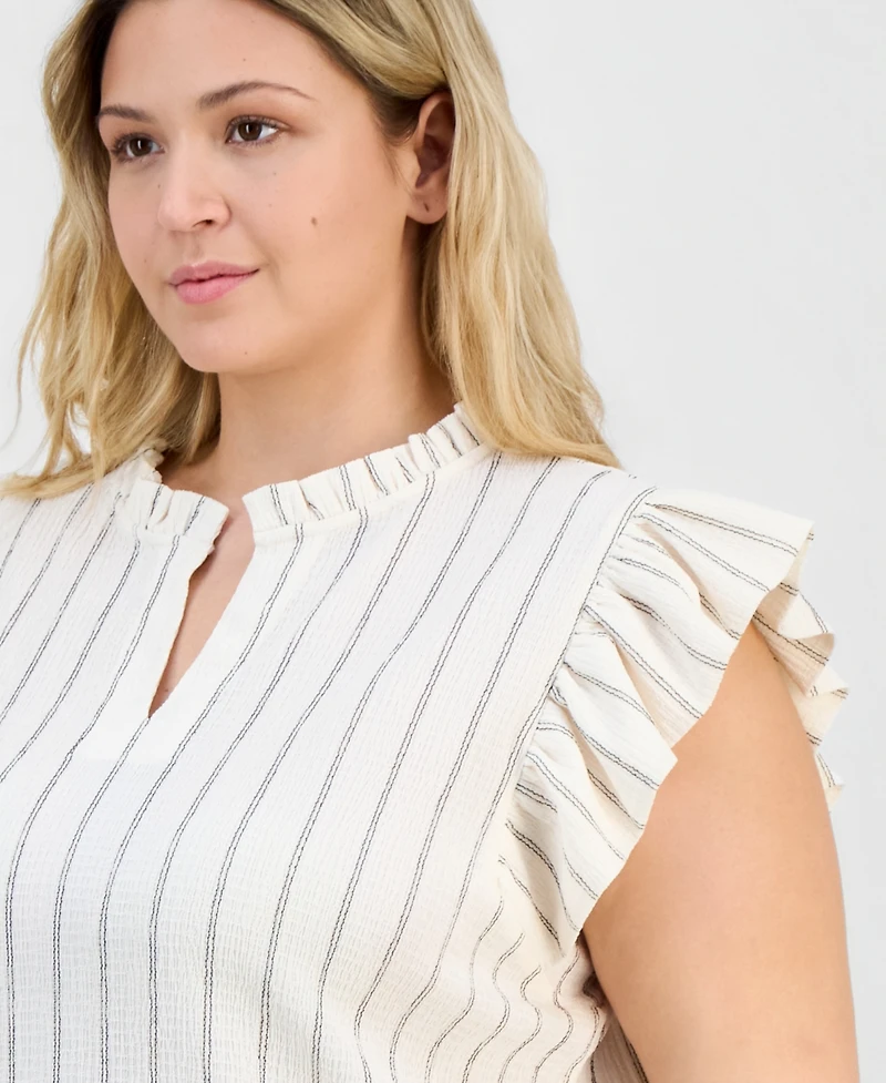 Anne Klein Plus Size Flutter-Sleeve Split-Neck Top