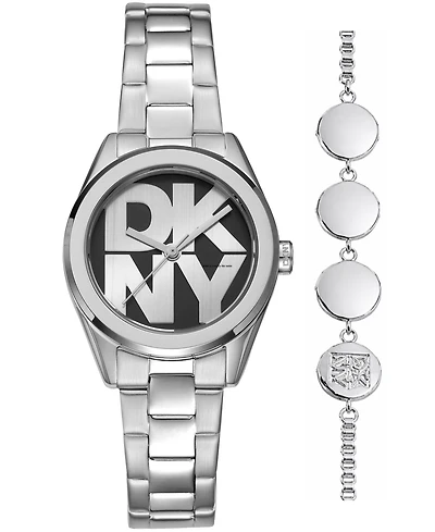 Dkny Women's Logo Quartz Stainless Steel Bracelet Watch 28mm Gift Set